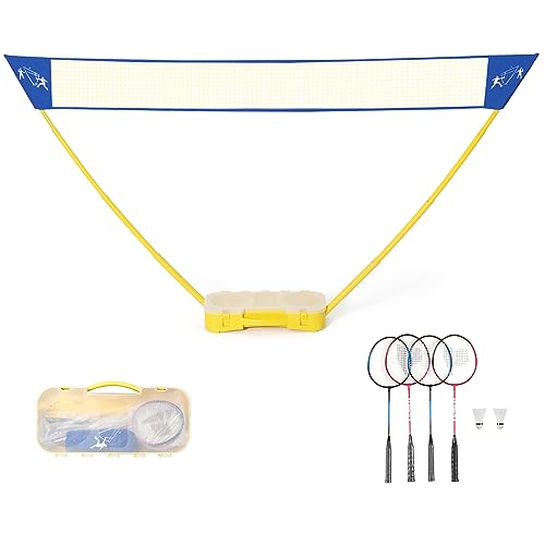 COSTWAY Set Rete da Badminton Portatile, con 4 Racchette e 2 Volani, Rete da Tennis Pallavolo 3 x 1,5m, Montaggio Facile, Set Completo per Spiaggia Parco Cortile