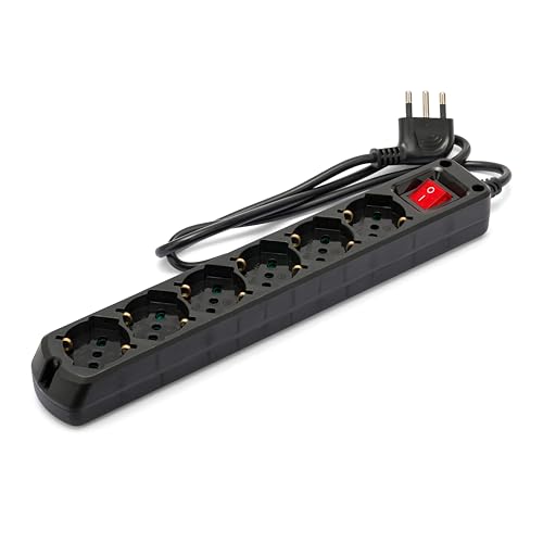 Velamp Multipresa - 6 Prese Polivalenti (Schuko + 10/16A) - Spina Grande 16A - Interruttore Luminoso – Colore Nero