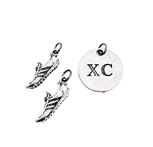 Running SHOE XC Round Pewter Charm Set - Pair of Running Shoe Charms - TWO (2) Pewter Running Shoe Charms and 1 Round Pewter XC Pendant in Organza Bag