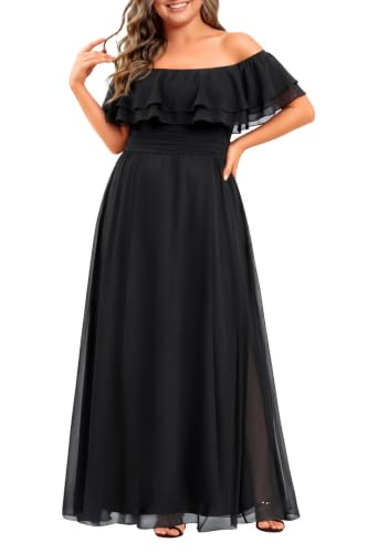 Image of Pinup Fashion Plus Size Formal Bridesmaid Wedding Guest Chiffon Long Dress | Chiffon, off-the-shoulder neckline, layered ruffles, ruched elastic waist, floor-length, evening party, wedding guest