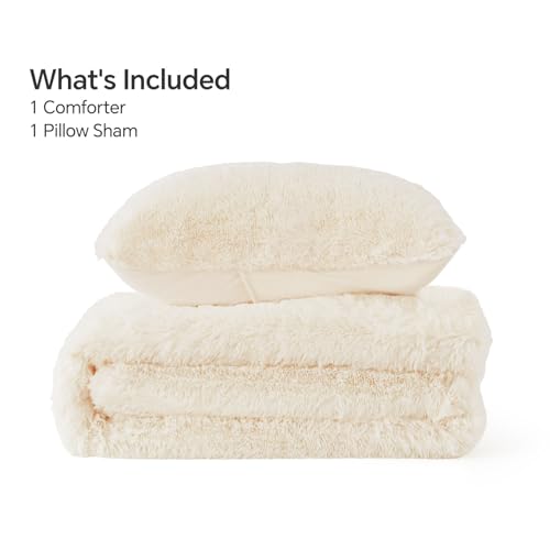 Image of BEDELITE Cream White Fluffy Comforter Set Twin, Fuzzy Faux Fur Comforter | Warm Fleece Shaggy Bedding for Winter, Soft & Cozy Plush Bed Set with 1 Pillowcase