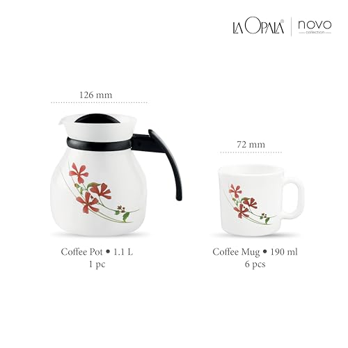Image of La Opala Novo Collection Opal Glass Crockery | Coffee Set 7 pcs | Coffee Mug with Coffee Pot, Coral Charm | for Tea & Coffee | Microwave Safe | 100% Vegetarian | Extra Strong | Light & White