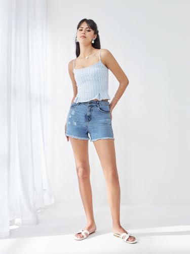 Image of Miss Chase Women's White Regular High Rise Clean Look Regular Stretchable Denim Shorts