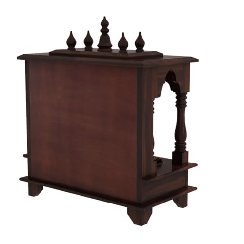 Image of Wall Mounted Solid Sheesham Wood Puja Mandir for Home Solid Wooden Temple for Puja Room with 2 Drawer Storage Pooja Ghar Wooden Furniture for Pooja Room Sheesham Wood, Walnut Finish (2 Drawers)