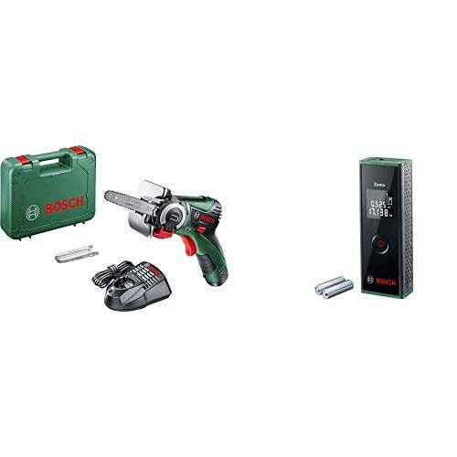 Bosch Akku Säge EasyCut 12 (1 Akku, NanoBlade Technologie, 12 Volt System, im Koffer) + Laser Entfernungsmesser Zamo (3. Generation, Messbereich: 0,15 – 20,00 m, Karton)