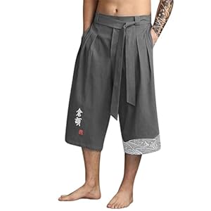 Japanische Taro Hose Herren 3/4 Kimono-Hose Leinen-Kurzhose Leichte Sommerhose Asiatische Kleidung Traditionelle Japanische Jogginghose Atmungsaktiv Japanischer Stil für Strand,Outdoor-AktivitäTen