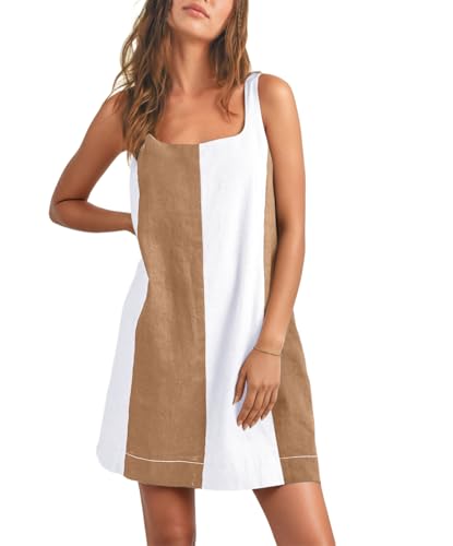 Image of CHARTOU Women Summer Sleeveless Linen Dress Color Block Short Beach Vacation Tank Dress