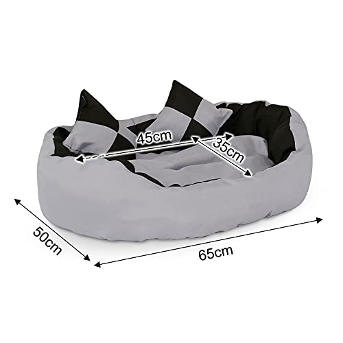 lionto Hundebett 4-in-1 mit Wendekissen aus robustem Oxford, 65x50 cm, Heimtierkissen Kratzfest mit tiefem Einstieg für Katzen und Hunde Aller Größen, inkl. Zierkissen, wasserabweisend, grau/schwarz