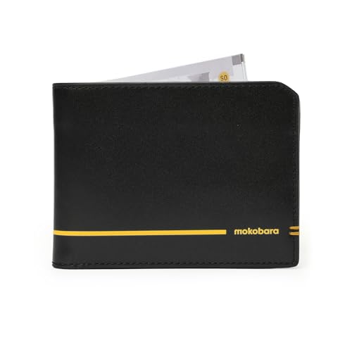 Image of MOKOBARA Stash Bifold Wallet for Men | Monostriped | Genuine Leather | RFID Protected | Holds Up to 12 Cards | Double Currency Compartment | Money Moves (Black)