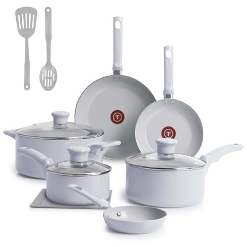 Image of T-Fal Refresh Ceramic Nonstick Cookware Set, 12-Piece Nonstick Cookware, Oven Safe to 350F, Stockpot, Griddle, Frying Pans, Utensils, Ceramic Pots and Pans Set, Blue