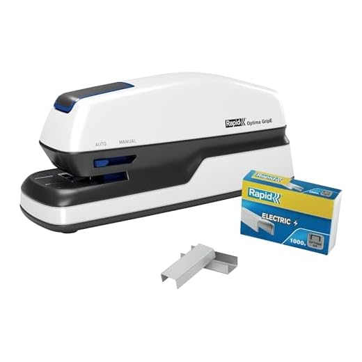 Rapid Optima GripE Elektrischer Tacker, Set aus Tacker und 1000 x Heftklammern, Kapazität 20 Blatt, Ideal für Büro und Home Office, 5 Jahre Garantie, Weiß, 2102349