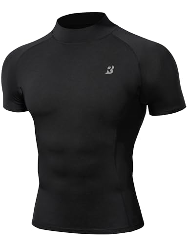 Roadbox Mens Compression Shirt Mock Turtleneck Short Sleeve Athletic Undershirt Quick Dry Base Layer Top for Gym Workout Black
