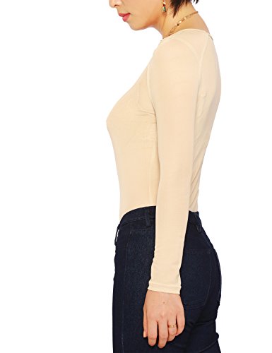 May&Maya Women's Long Sleeve Sheer Mesh Top (L, Beige) #TOP4