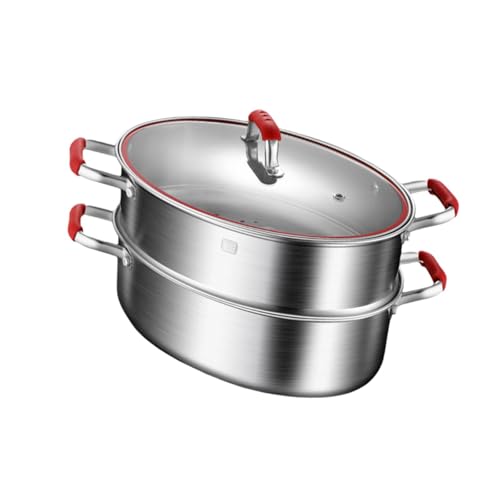 F Fityle Fish Steamer Fish Poacher Multiuse with Cover Easy to Clean Stainless Steel Roasting Pan Food Steamer for Cereals Vegetables, Red Double Layer