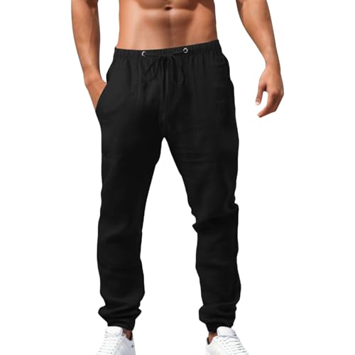 Pantalones casuales de playa para hombre, cómodos pantalones de algodón y lino, pantalones de verano de ajuste relajado, pantalones de cordón de color sólido, pantalones chinos transpirables y