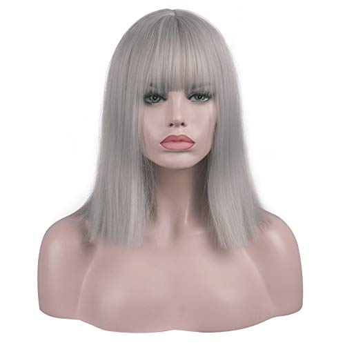 Sidaila Short Bob Wigs for Women, 14'' Black Bob Hair Wig with Bangs, Natural Fashion Synthetic Full Wig, Shoulder Length Pastel Bob Synthetic Cosplay Wig for Girl Colorful Costume Wigs (Silver Grey)