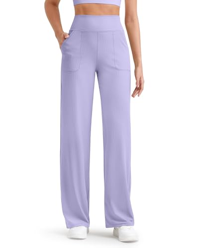 G4Free Breathable Ribbed Women Casual Wide Leg Pants with Pockets Lightweight High Waist Yoga Pants Petite/Regular/Tall