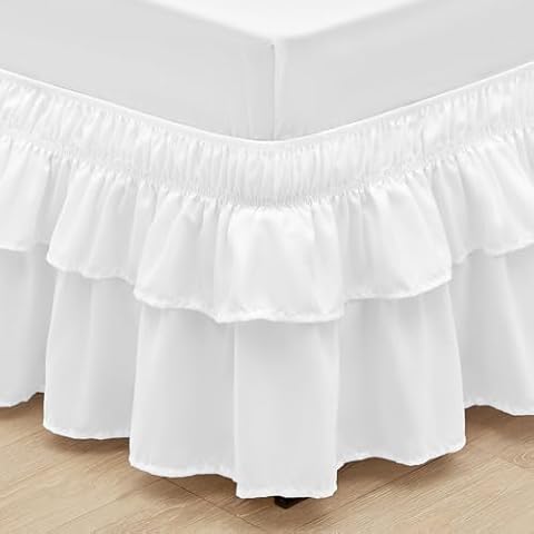 RIMELA Ruffle Bed Skirt White King 16 Inch Drop, Elastic Wrap Around Bed Skirts King Size, Easy to Install Dust Ruffle, Machine Washable Soft Fabric, Multi Ruffle Bedskirt Cover