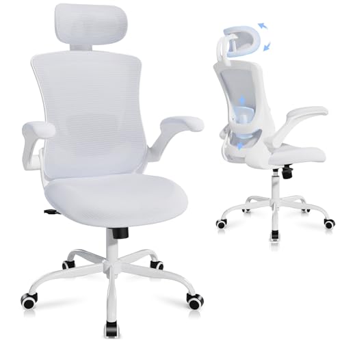 Ergonomic Office Chair with Adjustable Lumbar Support & Headrest, High Back Mesh Desk Chair with Flip-Up Armrests, Breathable & Comfortable Computer Chair for Home, Office & Study –White