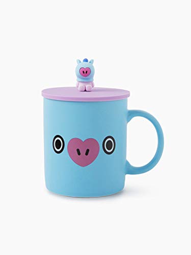 BT21 MANG Character Cute Ceramic Travel Coffee Mug Tea Cup Tumbler with Silicone Lid, Blue/Purple