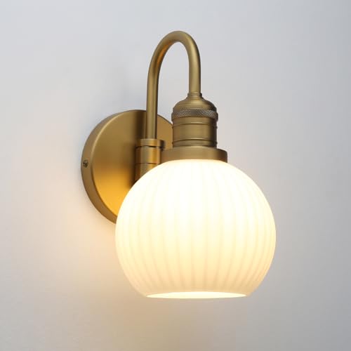 Image of Yosoan Aged Brass Gold Vintage Bathroom Wall Sconce with Striped Shade, 1-Light Classic Indoor Vanity Hardwired Wall Mounted Light, Frosted Milky White Ribbed Glass Shade for Bedroom Hallway(Antique)