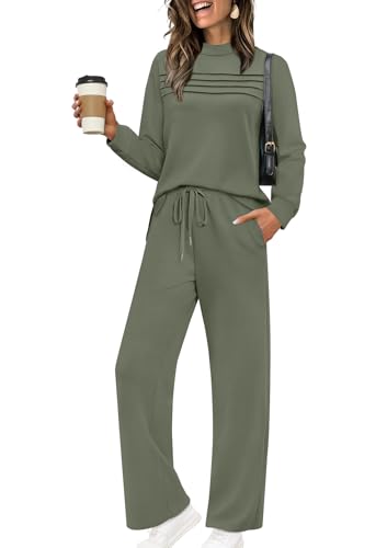 Image of WIHOLL Two Piece Sets for Women Fall Travel Vacation Outfits 2026 Long Sleeve Lounge Sets Side Slit Wide Leg Pants XS-3XL
