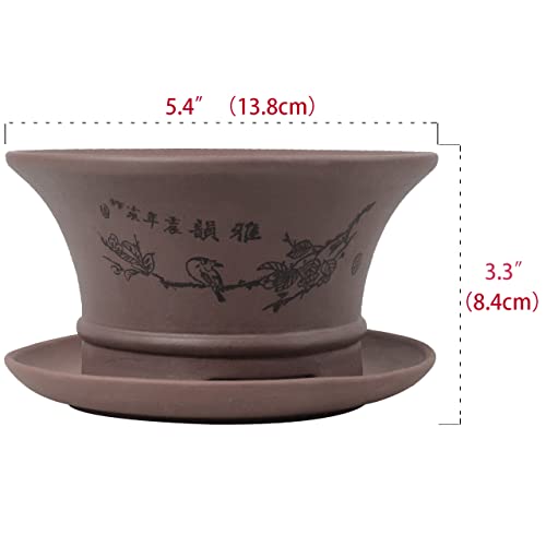 Dahlia 5.4" Bird On Branch Zisha Bonsai Planter/Succulent Pot/Flower Pot W. Saucer, Dark Brown #TOP3