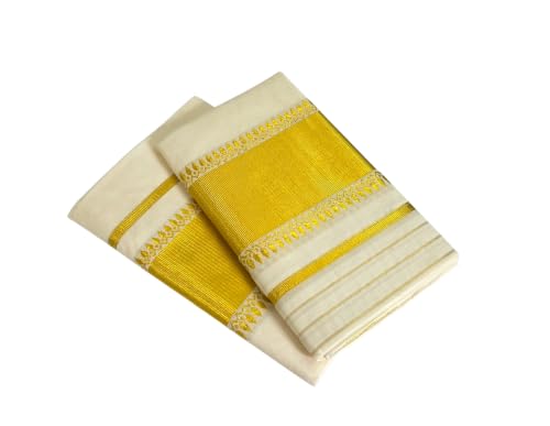 Image of Womens Kuthampully Set Mundu With Golden & Stripes Kara