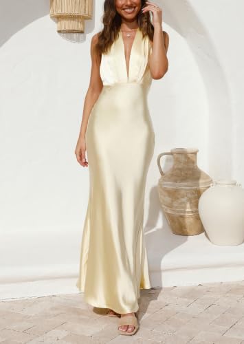 Image of 2026 Women's Satin Halter Deep V Neck Wedding Guest Maxi Dresses