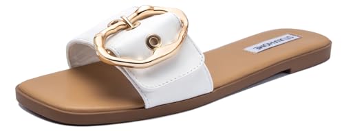 Image of STUNAHOME Flat Sandals Women Fashion Slides With Soft Leather Paired with Metal buckle Slippers