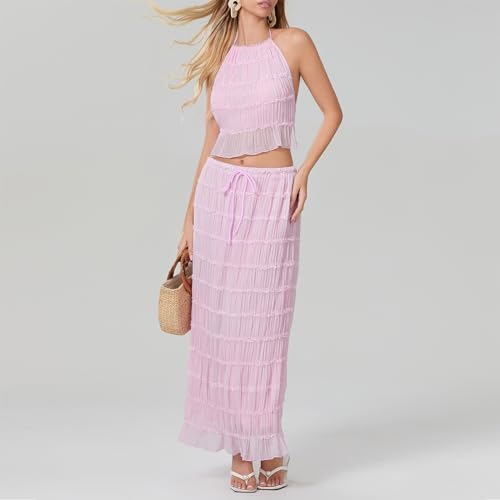 Image of Women Y2K Skirt Set Outfits Strapless Crop Top Bodycon Midi Skirt Dress Sexy 2 Piece Knit Outfits Skirt Summer