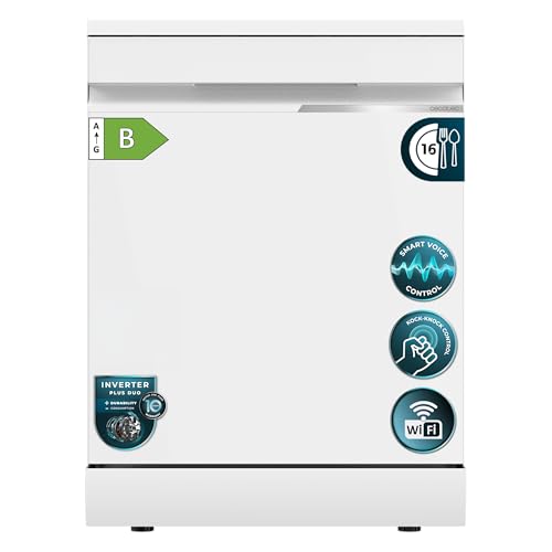 Cecotec Lavavajillas Libre Instalación 60cm 16 Servicios con WiFi Bolero Aguazero 7000 Matt White Glass Connected. Motor Inverter Plus Duo, 16 Programas, Bandeja Cubiertos, Control Voz, Cristal Mate