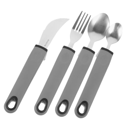 DRESSOOS 高齢者向け適応型防滑食器 柄付き 軽量で な介護用スプーン フォークの便利なテーブルウェア 長持ち 収納簡単 グレー