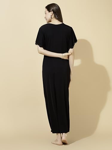 Image of 9shines Label Stylish Soft Modal Maxi Nighty | Honeymoon Nighty | Full Length Trendy Nightgown | V-Neck Lace | Premium Nightdress | Soft Long Nightdress | Maxi Gown Nightwear for Women (Malai Satin)
