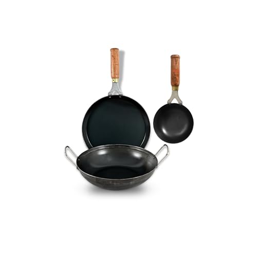 Kyyte Sheet Metal Iron Set Of 3 Pcs- 1 Deep Kadai 24 Cm, 1 Frying Pan/Skillet 24 Cm Dia With Wooden Long Handle And 1 Tadka Pan 13 Cm For Rs. 939 @ 80 %