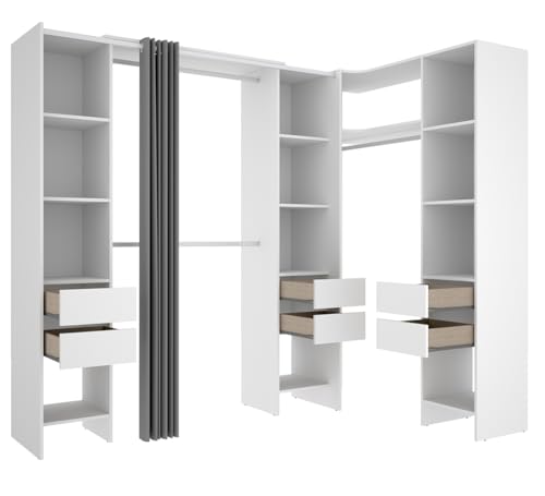 PEGANE Kit Armoire Dressing d'angle Extensible en Bois mélaminé Blanc - Longueur 164-234 x Profondeur 141 x Hauteur 205 cm