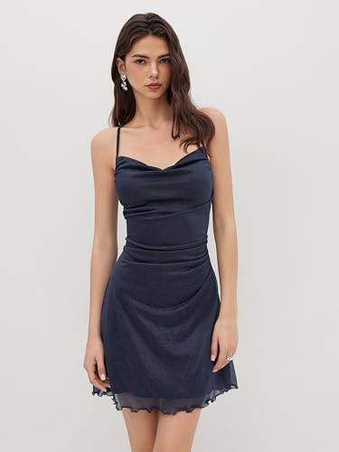 CIDER Ruched Mini Party Dress Cocktail Sleeveless Mesh Lettuce Trim High Waist Mini Dresses2