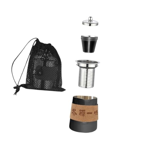 Menolana Camping Tea Kettle Mugs Set with 4 Teacups Compact Anti Scalding Stainless Steel Tea Pot Camp Drinkware for Office Hotel Gift, black