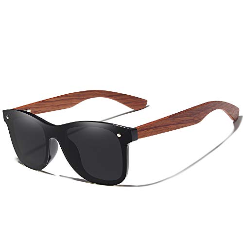 KINGSEVEN Wooden Polarised Sunglasses for Men & Women, Vintage Retro Stylish Ultra Light Bubinga Frame B5504 (Black)