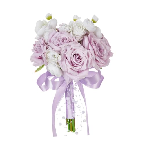 Milageto Bouquet de mariée Décoration de mariage Bouquet à lancer Bouquet de mariage pour mariée Fleurs artificielles pour cérémonie Saint Valentin, Violet Clair