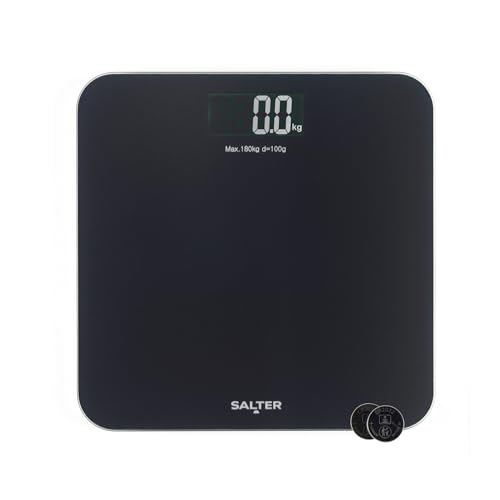 Salter Digital Bathroom Scale – Electronic Digital Bodyweight Scale, 180kg/28st 3lb, LCD Easy To Read Display, Step On Instant Readings, Includes Batteries, Textured Brushed Glass Platform, Black