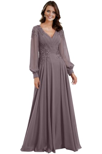 Long Sleeve Chiffon Mother of The Bride Dresses with Sequin Appliques Evening Dresss Formal Prom Gowns