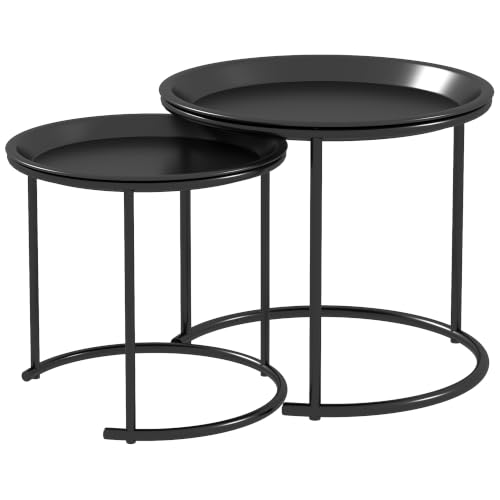 HOMCOM Nesting Tables Set of 2 with Steel Frame for Living Room, Black
