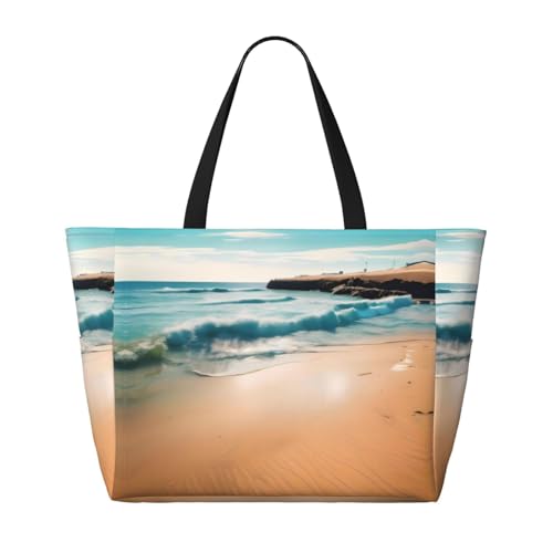 Beach scenery Large Capacity Beach Travel Bag, Foldable Beach Bag with Zipper, Great for Grocery Bag Pool Gym Travel Shopping2