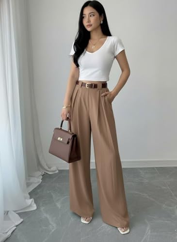 Image of SMOWKLY Women's Korean Style Loose Fit Wide Leg Trousers | Cotton Blend Pleated Palazzo Pants with Elastic Back Waist | High Waist Office & Casual Wear | Stretchable & Breathable