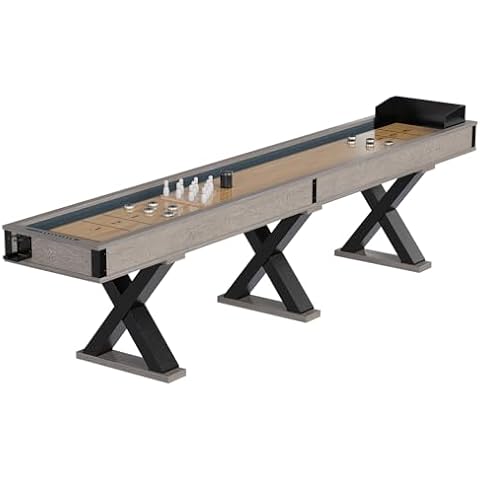 Efficraft Shuffleboard Table, 12 ft Shuffleboard for Family Game Rooms, 2 in 1 Shuffleboard and Bowling Combo Game Set, with X-Shaped Legs, 10 Pucks, Bowling Set, Wax, and Table Brush Cover