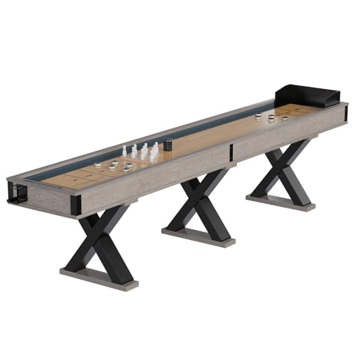 Efficraft Shuffleboard Table, 12 ft Shuffleboard for Family Game Rooms, 2 in 1 Shuffleboard and Bowling Combo Game Set, with X-Shaped Legs, 10 Pucks, Bowling Set, Wax, and Table Brush