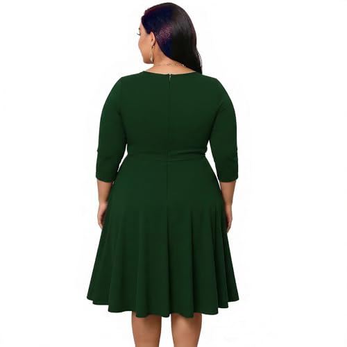 Image of Womens Plus Size Dresses Faux Wrap Summer Dress 3 /4 Sleeves V Neck 1950s Retro Vintage Wedding Party Midi Dress