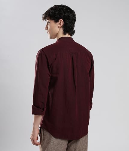 Image of TURMS Men's Casual Solid Linen Shirt | Water Repellent | Anti Stain Anti Odor | Kansas Linen | Mandarin Collar | Full Sleeves