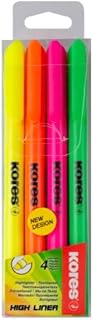 Kores - High Liner: Fine Neon Coloured Highlighter Pens, Chisel Tip and Water-based Ink, School and Office Supplies, Pack of 4 Assorted Colours